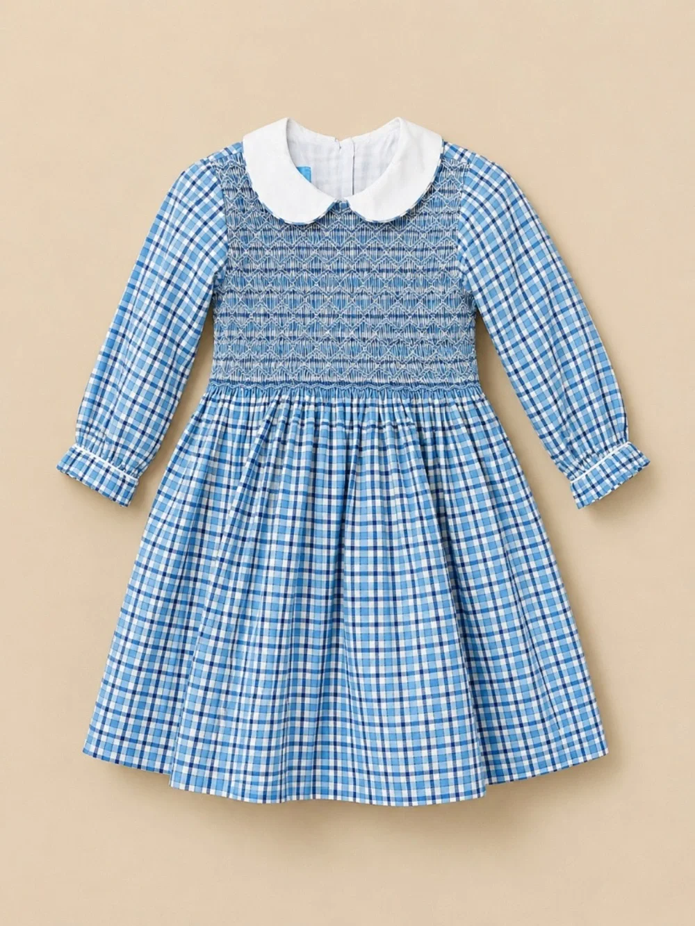 Anavini Vintage Style Smocked Plaid Dress Blue White Peter Pan Collar Size 3